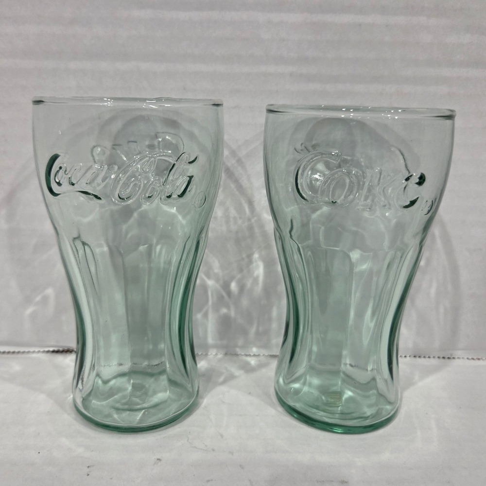 Coca Cola Georgia Green Glass Tumblers Set of 2 Embossed Coke Logo 4.5in